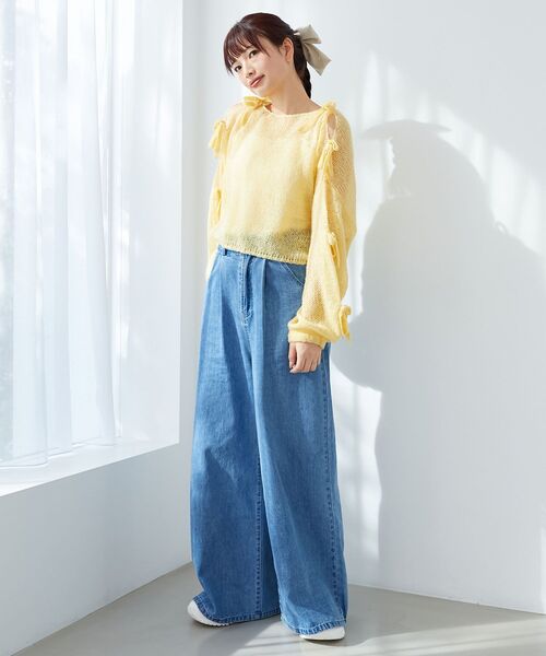 MAJESTIC LEGON（マジェスティックレゴン）の「リボン肩あきメッシュニット（ニット/セーター・レディース・チャコールグレー/ピンク/イエロー/アイボリー・MEDIUM）」の6枚目の写真