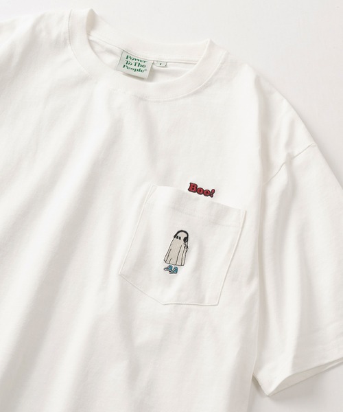 POWER TO THE PEOPLE(パワートゥーザピープル)の「【POWER TO THE PEOPLE/パワー トゥザ ピープル】CREAM SODA&BEER&GHOST ワンポイント刺繍デザイン ポケット付き ビッグシルエット半袖Tシャツ/ユニセックス(Tシャツ/カットソー・メンズ・ブラック/チャコールグレー/オフホワイト/ホワイト系その他2/ホワイト系その他/ホワイト/ミント/ネイビー・L/M)」の4枚目の写真