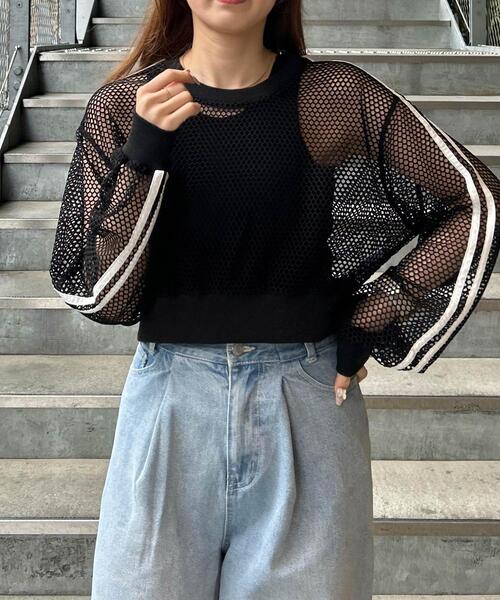 INGNI（イング）の「袖ラインメッシュプルオーバー（その他トップス・レディース・ブラック/オフホワイト・M）」の6枚目の写真