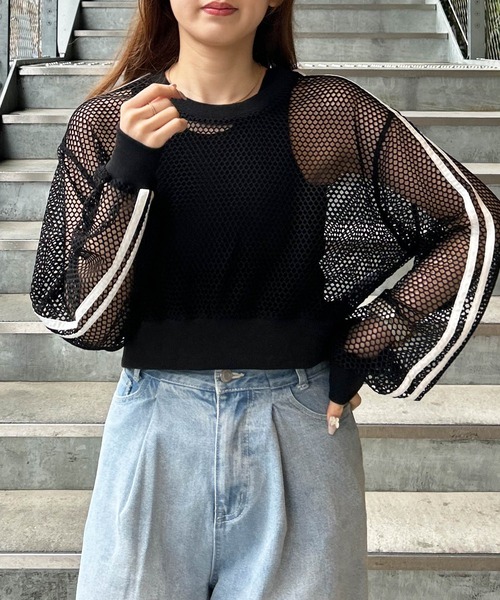 INGNI（イング）の「袖ラインメッシュプルオーバー（その他トップス・レディース・ブラック/オフホワイト・M）」の2枚目の写真