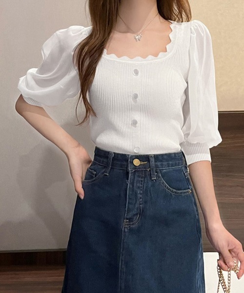 Miniministore(ミニミニストア)の「ニットブラウス 異素材切り替え 韓国風(シャツ/ブラウス・レディース・ベージュ/ホワイト/ブラック/ブルー・FREE)」の7枚目の写真