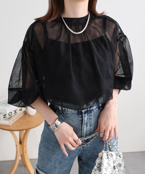 sakishimatokyo(サキシマトーキョー)の「ランタンスリーブチュールブラウス/シアーブラウス(シャツ/ブラウス・レディース・ベージュ/ブラック・FREE)」の2枚目の写真