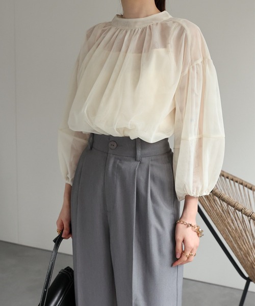 sakishimatokyo(サキシマトーキョー)の「ランタンスリーブチュールブラウス/シアーブラウス(シャツ/ブラウス・レディース・ベージュ/ブラック・FREE)」の3枚目の写真