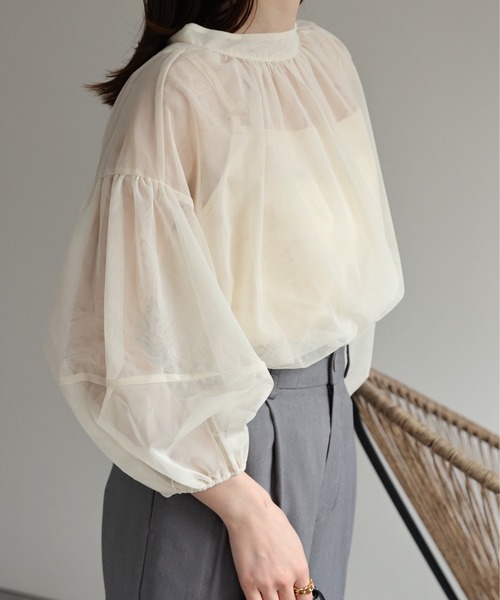sakishimatokyo(サキシマトーキョー)の「ランタンスリーブチュールブラウス/シアーブラウス(シャツ/ブラウス・レディース・ベージュ/ブラック・FREE)」の4枚目の写真