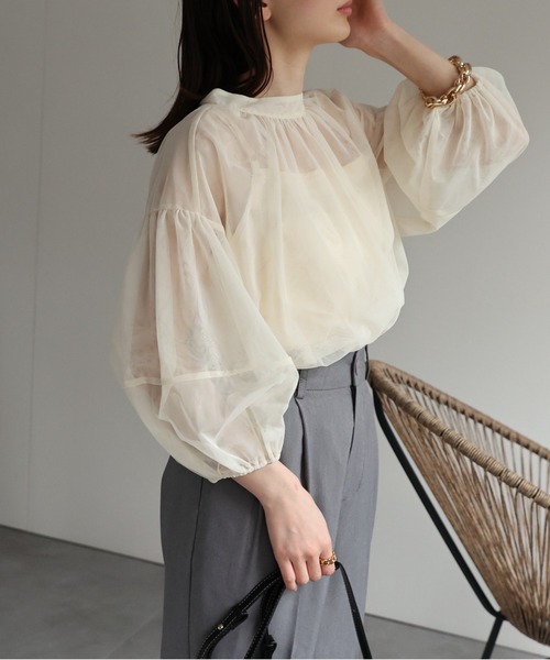 sakishimatokyo(サキシマトーキョー)の「ランタンスリーブチュールブラウス/シアーブラウス(シャツ/ブラウス・レディース・ベージュ/ブラック・FREE)」の5枚目の写真