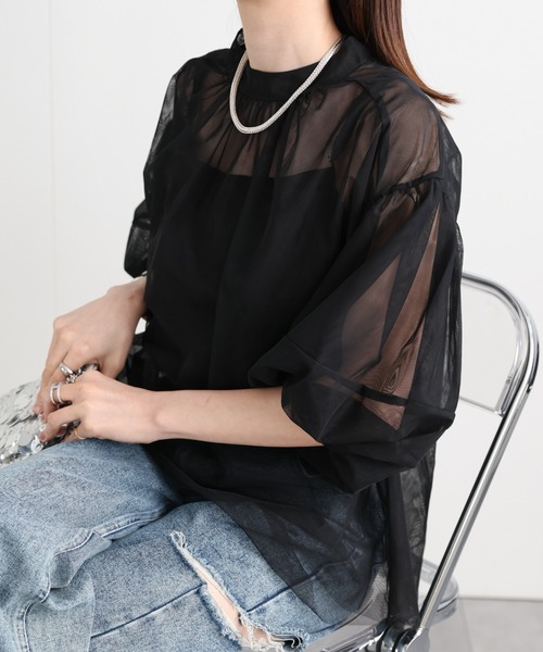 sakishimatokyo(サキシマトーキョー)の「ランタンスリーブチュールブラウス/シアーブラウス(シャツ/ブラウス・レディース・ベージュ/ブラック・FREE)」の18枚目の写真