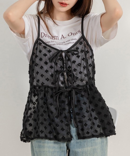 DAY CLOSET（デイ クローゼット）の「レディース ウエスト切替えリボンチュールキャミソール（キャミソール・レディース・ホワイト/ブラック・FREE）」の2枚目の写真