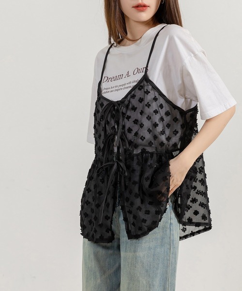 DAY CLOSET（デイ クローゼット）の「レディース ウエスト切替えリボンチュールキャミソール（キャミソール・レディース・ホワイト/ブラック・FREE）」の14枚目の写真