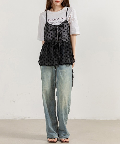 DAY CLOSET（デイ クローゼット）の「レディース ウエスト切替えリボンチュールキャミソール（キャミソール・レディース・ホワイト/ブラック・FREE）」の16枚目の写真