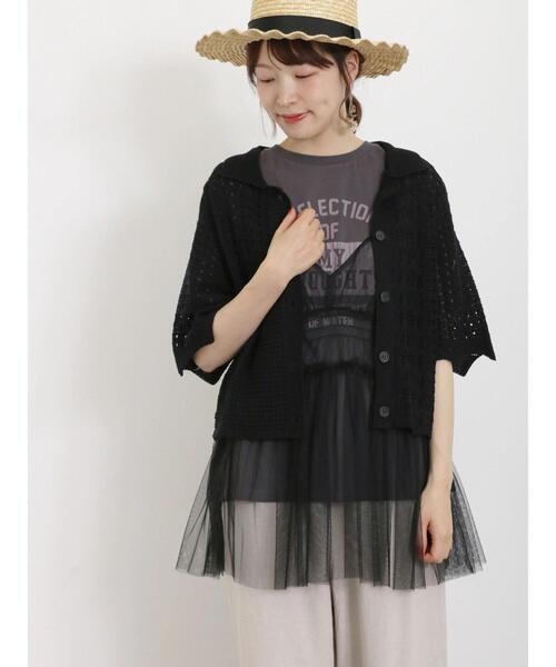 Samansa Mos2（サマンサ モスモス）の「透かしパッチワーク風カーディガン（カーディガン/ボレロ・レディース・グリーン/ブラック/キナリ・F）」の2枚目の写真
