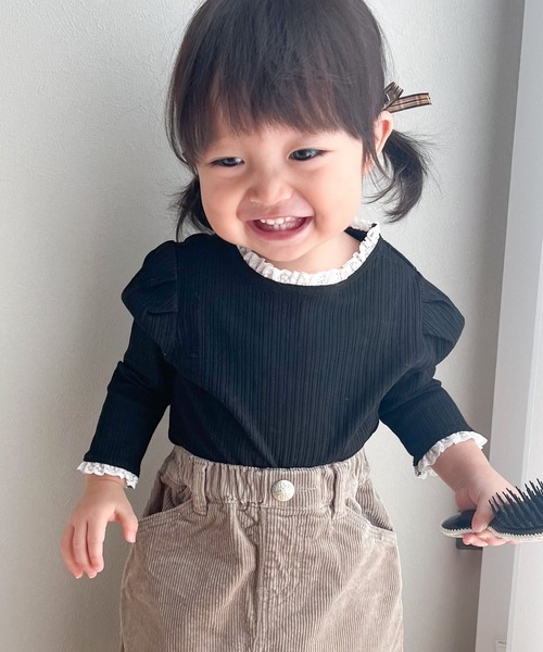 MAKE YOUR DAY(メイクユアデイ)の「フリルテレコリブ無地長袖Tシャツ■80~140cm(Tシャツ/カットソー・キッズ・ピンク/ブラック/アイボリー/ブルー・80/90/100/110/120/130/140)」の1枚目の写真