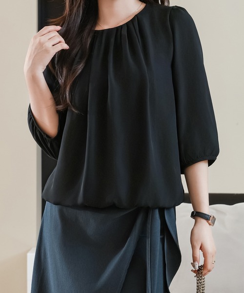 Lace Ladies(レースレディース)の「ソリッドカラー ラウンドネック 7分袖 バルーン プルオーバー(シャツ/ブラウス・レディース・ホワイト/ネイビー/ベージュ/ブラック/ブルーグレー・S/FREE)」の1枚目の写真