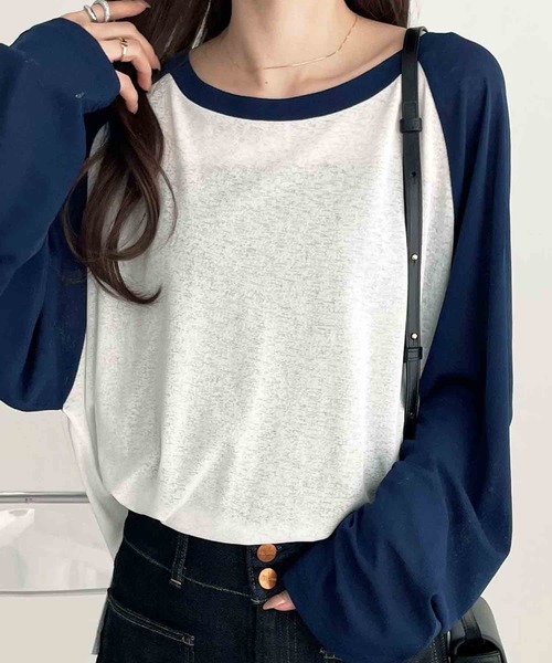 FIRST MOOD(ファーストムード)の「《FIRSTMOODコラボ》ラグラン切替配色スラブシアーカットソー(Tシャツ/カットソー・レディース・ブラック/チャコールグレー/ネイビー・MEDIUM/LARGE)」の3枚目の写真
