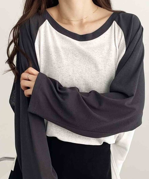 FIRST MOOD(ファーストムード)の「《FIRSTMOODコラボ》ラグラン切替配色スラブシアーカットソー(Tシャツ/カットソー・レディース・ブラック/チャコールグレー/ネイビー・MEDIUM/LARGE)」の1枚目の写真
