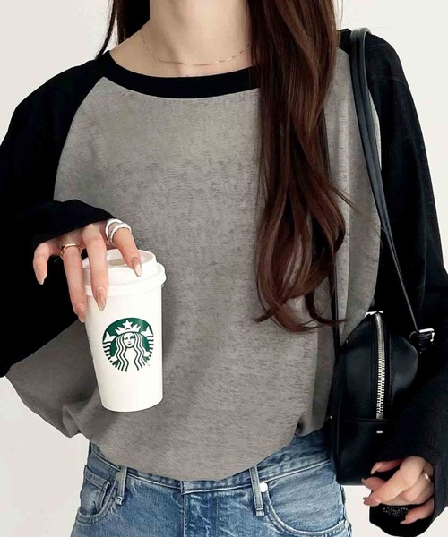 FIRST MOOD(ファーストムード)の「《FIRSTMOODコラボ》ラグラン切替配色スラブシアーカットソー(Tシャツ/カットソー・レディース・ブラック/チャコールグレー/ネイビー・MEDIUM/LARGE)」の2枚目の写真