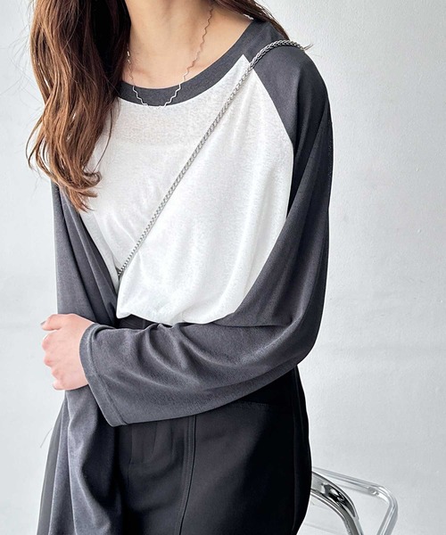 FIRST MOOD(ファーストムード)の「《FIRSTMOODコラボ》ラグラン切替配色スラブシアーカットソー(Tシャツ/カットソー・レディース・ブラック/チャコールグレー/ネイビー・MEDIUM/LARGE)」の6枚目の写真