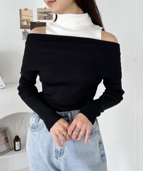 CLEA（クレア）の「無地・ボーダーオフショルニットトップス（ニット/セーター・レディース・ブラック系その他/ブラック・FREE）」の4枚目の写真