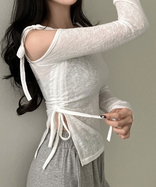 Per sist ence（パーシエンス）の「リボンワンオフショルダーカットソー（Tシャツ/カットソー・レディース・ベージュ/ホワイト/グレー・FREE）」の5枚目の写真