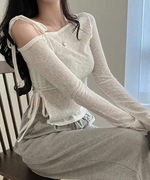 Per sist ence（パーシエンス）の「リボンワンオフショルダーカットソー（Tシャツ/カットソー・レディース・ベージュ/ホワイト/グレー・FREE）」の9枚目の写真