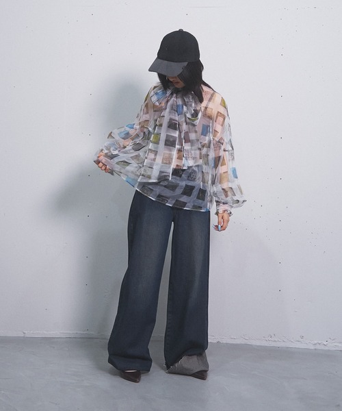 ブラウス シャツ bowtie sheer tops(multi grid) レディース セール】bowtie sheer tops(multi grid)（シャツ/ブラウス
