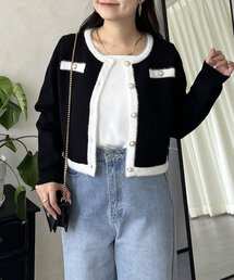 パールボタンバイカラーカーディガン