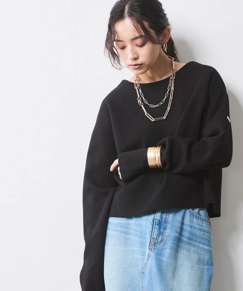 CHIC STYLE(シックスタイル)の「ミラノリブボートネックニットプルオーバー <大きいサイズ有>シックスタイル(ニット/セーター・レディース・ホワイト×ブラック/ブラック系・M/L/LL/3L/4L/5L)」の1枚目の写真