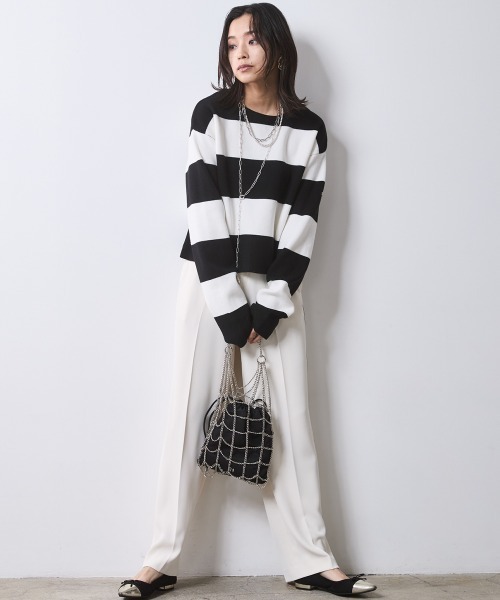 CHIC STYLE(シックスタイル)の「ミラノリブボートネックニットプルオーバー <大きいサイズ有>シックスタイル(ニット/セーター・レディース・ホワイト×ブラック/ブラック系・M/L/LL/3L/4L/5L)」の6枚目の写真