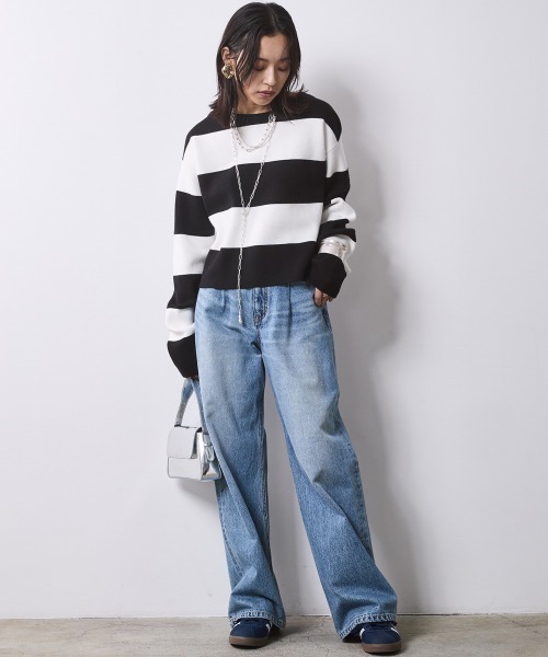 CHIC STYLE(シックスタイル)の「ミラノリブボートネックニットプルオーバー <大きいサイズ有>シックスタイル(ニット/セーター・レディース・ホワイト×ブラック/ブラック系・M/L/LL/3L/4L/5L)」の9枚目の写真