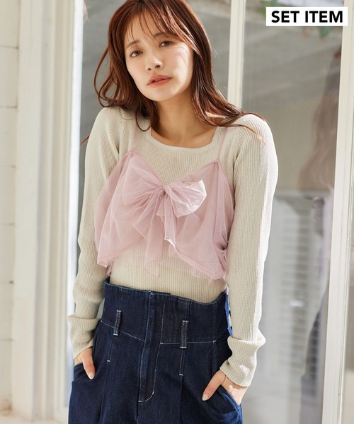 mysty woman（ミスティウーマン）の「リボン2WAYキャミSET  315780（ニット/セーター・レディース・ライトグレー/ピンク/オフホワイト/ブラック・FREE）」の13枚目の写真