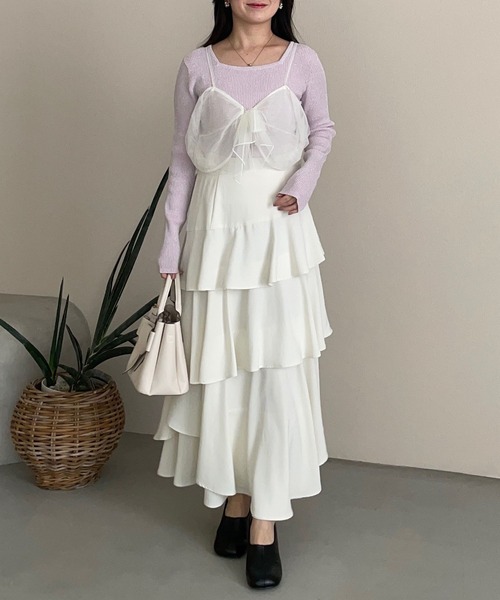 mysty woman（ミスティウーマン）の「リボン2WAYキャミSET  315780（ニット/セーター・レディース・ライトグレー/ピンク/オフホワイト/ブラック・FREE）」の8枚目の写真