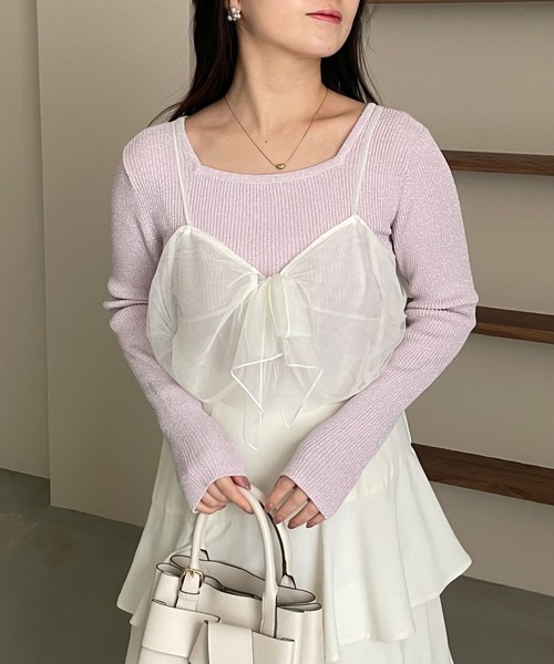 mysty woman（ミスティウーマン）の「リボン2WAYキャミSET  315780（ニット/セーター・レディース・ライトグレー/ピンク/オフホワイト/ブラック・FREE）」の7枚目の写真