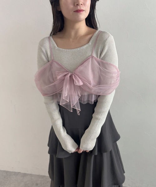 mysty woman（ミスティウーマン）の「リボン2WAYキャミSET  315780（ニット/セーター・レディース・ライトグレー/ピンク/オフホワイト/ブラック・FREE）」の10枚目の写真