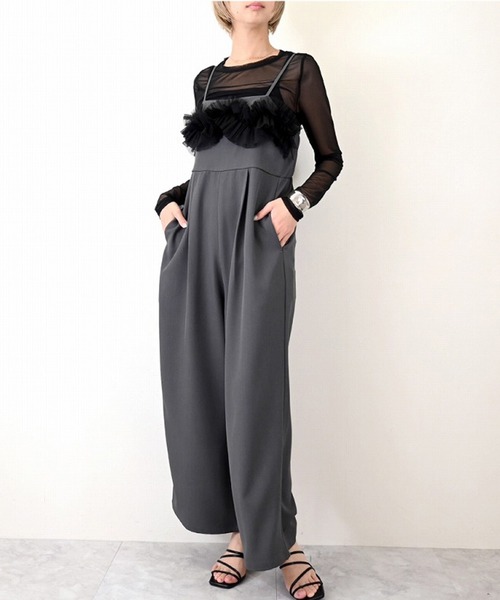 STYLEBLOCK(スタイルブロック)の「リネンタッチピンストライプチュールドッキングオールインワン(サロペット/オーバーオール・レディース・アイボリー/ライトベージュ/チャコールグレー/ブラック・M)」の3枚目の写真