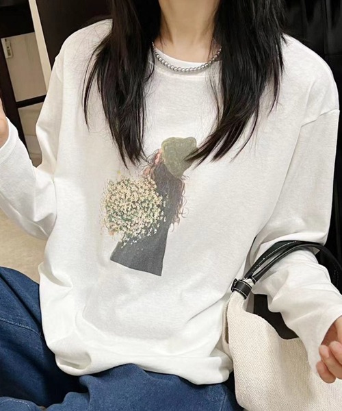 aimoha(アイモハ)の「プリントカジュアルロングスリーブTシャツ(Tシャツ/カットソー・レディース・ブラック/ホワイト/ダークグレー/オレンジ/イエロー・FREE)」の2枚目の写真