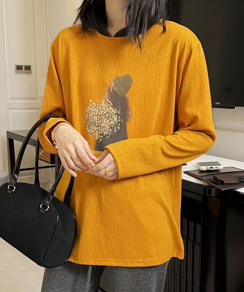 aimoha(アイモハ)の「プリントカジュアルロングスリーブTシャツ(Tシャツ/カットソー・レディース・ブラック/ホワイト/ダークグレー/オレンジ/イエロー・FREE)」の4枚目の写真