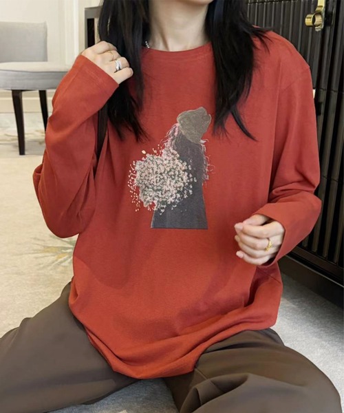 aimoha(アイモハ)の「プリントカジュアルロングスリーブTシャツ(Tシャツ/カットソー・レディース・ブラック/ホワイト/ダークグレー/オレンジ/イエロー・FREE)」の5枚目の写真