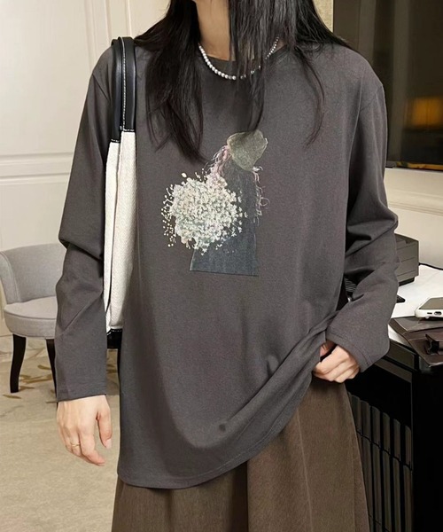 aimoha(アイモハ)の「プリントカジュアルロングスリーブTシャツ(Tシャツ/カットソー・レディース・ブラック/ホワイト/ダークグレー/オレンジ/イエロー・FREE)」の1枚目の写真