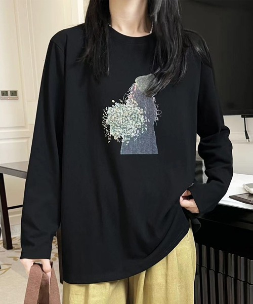 aimoha(アイモハ)の「プリントカジュアルロングスリーブTシャツ(Tシャツ/カットソー・レディース・ブラック/ホワイト/ダークグレー/オレンジ/イエロー・FREE)」の3枚目の写真