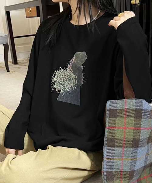 aimoha(アイモハ)の「プリントカジュアルロングスリーブTシャツ(Tシャツ/カットソー・レディース・ブラック/ホワイト/ダークグレー/オレンジ/イエロー・FREE)」の7枚目の写真