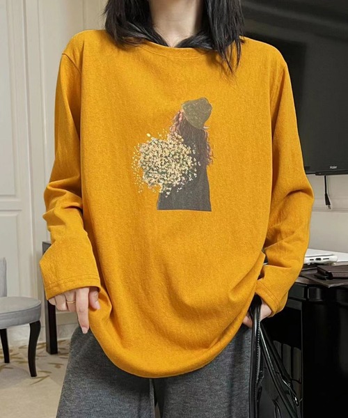 aimoha(アイモハ)の「プリントカジュアルロングスリーブTシャツ(Tシャツ/カットソー・レディース・ブラック/ホワイト/ダークグレー/オレンジ/イエロー・FREE)」の15枚目の写真