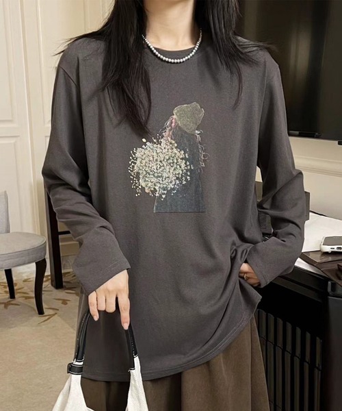 aimoha(アイモハ)の「プリントカジュアルロングスリーブTシャツ(Tシャツ/カットソー・レディース・ブラック/ホワイト/ダークグレー/オレンジ/イエロー・FREE)」の10枚目の写真