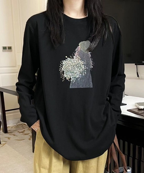 aimoha(アイモハ)の「プリントカジュアルロングスリーブTシャツ(Tシャツ/カットソー・レディース・ブラック/ホワイト/ダークグレー/オレンジ/イエロー・FREE)」の8枚目の写真