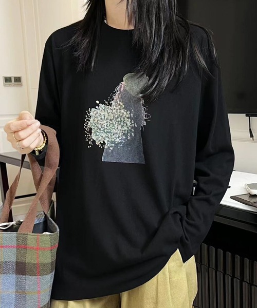 aimoha(アイモハ)の「プリントカジュアルロングスリーブTシャツ(Tシャツ/カットソー・レディース・ブラック/ホワイト/ダークグレー/オレンジ/イエロー・FREE)」の9枚目の写真