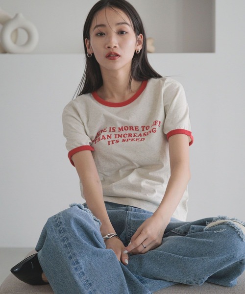 LOWRYS FARM（ローリーズファーム）の「リンガーロゴＴＥＥ 288816（Tシャツ/カットソー・レディース・グレー/アイボリー/グレイッシュベージュ・FREE）」の5枚目の写真