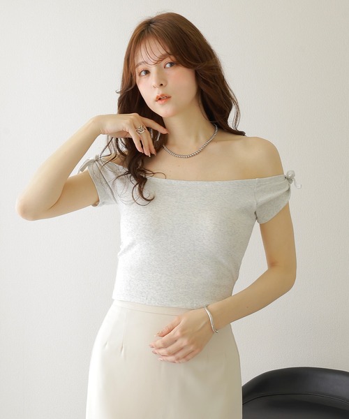 LAULEN（ローレン）の「ribbon short french sleeve tops /リボン ショート丈 カップ付き フレンチスリーブトップス（Tシャツ/カットソー・レディース・アイボリー/オートミール/ピンク・FREE）」の5枚目の写真