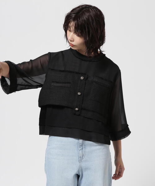 AULA AILA（アウラアイラ）の「AULA AILA/アウラアイラ/TWEED COMBINATION PULLOVER/ツイードコンビネーションプルオーバー（Tシャツ/カットソー・レディース・ブラック/イエロー・0）」の2枚目の写真