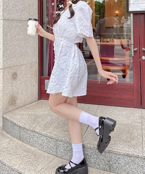 Mejoul（メジュール）の「バックオープン フラワージャガード パールボタン ミニワンピース（ワンピース・レディース・ブラック/ホワイト/ピンク・M/L）」の22枚目の写真