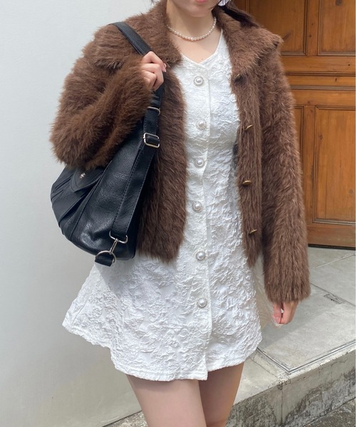 Mejoul（メジュール）の「バックオープン フラワージャガード パールボタン ミニワンピース（ワンピース・レディース・ブラック/ホワイト/ピンク・M/L）」の9枚目の写真