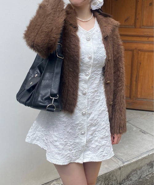 Mejoul（メジュール）の「バックオープン フラワージャガード パールボタン ミニワンピース（ワンピース・レディース・ブラック/ホワイト/ピンク・M/L）」の7枚目の写真