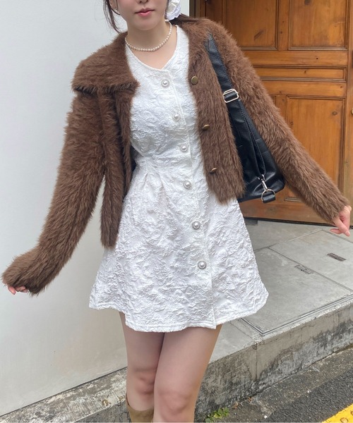 Mejoul（メジュール）の「バックオープン フラワージャガード パールボタン ミニワンピース（ワンピース・レディース・ブラック/ホワイト/ピンク・M/L）」の10枚目の写真